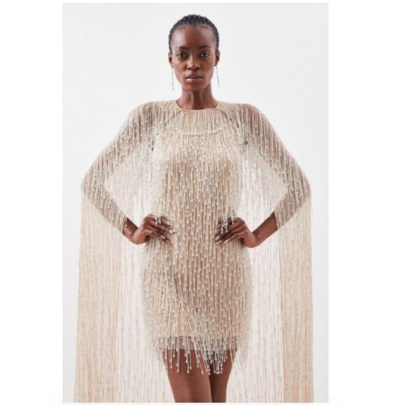 Karen Millen Dresses & Skirts - KAREN MILLEN Embellished Fringe beaded cape mini dress - Cream/Beige -Size 2